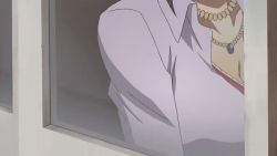 1girl animated animated_gif bouncing_breasts breasts cleavage head_out_of_frame jewelry kashiwagi_noriko large_breasts lowres necklace persona persona_4 persona_4_the_animation smile solo teacher