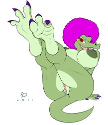 1girl afro ass breasts claws colored_skin donkey_kong_(series) donkey_kong_barrel_blast earrings feet foot_focus furry green_skin jewelry kalypso pussy legs legs_up nail_polish nintendo nipples nude purple_hair pussy red_eyes reptile_girl sharp_teeth shiny_skin smile soles tail teeth thighs toes zp92