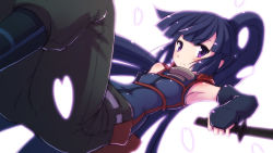 10s 1girl akatsuki_(log_horizon) cherry_blossoms enterbrain female_focus log_horizon long_hair petals ponytail purple_eyes purple_hair solo sword weapon yoshi_(crossmind)