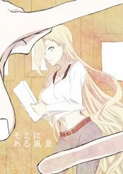 1boy 1girl artist_request belly blonde_hair blue_eyes denim hair_over_one_eye jeans japanese_text long_hair looking_at_viewer midriff naruto:_the_last naruto_(series) navel pants sai very_long_hair yamanaka_ino