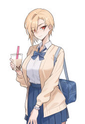 1girl bag blonde_hair blue_bow blue_bowtie blue_skirt bow bowtie breasts bubble_tea closed_mouth collared_shirt cup drinking_straw duffel_bag highres holding holding_cup large_breasts long_sleeves looking_at_viewer nokaa_aru original pleated_skirt red_eyes shirt short_hair simple_background skirt smile solo white_background white_shirt