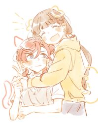 2girls :d ^_^ animal_ears blue_eyes blunt_bangs blush braid brown_hair brown_sweater_vest cat_ears cat_tail clenched_hand closed_eyes closed_mouth collared_shirt commentary dog_ears dog_tail drawn_ears drawn_tail dress_shirt hair_bun hair_ribbon half_up_braid hood hoodie hug korean_commentary long_hair long_sleeves love_live! love_live!_superstar!! low_twintails multiple_girls notice_lines open_mouth potatori9 red_hair ribbon sakurakoji_kinako shirt short_hair_with_long_locks short_sleeves simple_background single_side_bun smile sweatdrop sweater_vest tail twintails v white_background white_ribbon white_shirt yellow_hoodie yoneme_mei