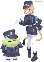 1girl :d =_= absurdres alternate_costume animal ankle_boots armband arms_up artist_name belt belt_pouch black_belt black_boots black_hair black_hat black_jacket black_shorts black_streaks blonde_hair blue_archive blue_armband bob_cut boots buttons closed_eyes clothed_animal commentary cosplay cropped_jacket dooby_(vtuber) double-breasted english_commentary full_body gloves green_eyes hair_ornament hand_on_own_hip hands_up hat highres hikari_(blue_archive) hikari_(blue_archive)_(cosplay) hikimayu holding holding_tablet_pc indie_virtual_youtuber indoors jacket jerboa_tail kappa kippu_(dooby) long_sleeves looking_ahead madmadmad0489 mouse_girl mouse_tail multicolored_hair nozomi_(blue_archive) nozomi_(blue_archive)_(cosplay) open_mouth outfit_connection pantyhose parody peaked_cap pose_imitation pouch rabbit_pose short_eyebrows short_hair short_shorts shorts shoulder_belt side-by-side simple_background smile standing streaked_hair tablet_pc tail thick_eyebrows train_conductor trait_connection variant_set virtual_youtuber white_background white_gloves white_hair white_pantyhose white_streaks yellow_eyes yellow_tail