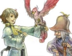 1990s_(style) arc arc_(ff3) bird final_fantasy final_fantasy_iii hat lowres parrot parrot_(ff3) robe smile staff unei