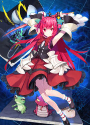 1girl aidy_labyrinthart armpits arms_up black_shoes black_vest bow bowtie commentary_request creature cutting detached_sleeves frog full_body heart highres holding holding_sword holding_weapon lazy_dungeon_master looking_at_viewer mecha nanaroku_(fortress76) red_bow red_bowtie red_eyes red_hair red_skirt robot shoes skirt smile snake socks solo sword vest weapon white_socks