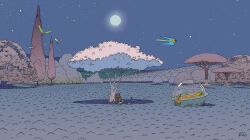 aircraft bird fairy flower foliage full_moon grass hat highres landscape moebius moon night night_sky original outdoors pants parrot scenery signature sitting sky solo star_(sky) tree wide_shot
