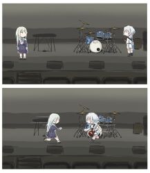 2girls :3 bang_dream! bang_dream!_it&#039;s_mygo!!!!! black_choker blue_dress blue_eyes choker commentary dress electric_guitar green_hair guitar heterochromia instrument kaname_raana keyboard_(instrument) long_hair long_sleeves lyy multiple_girls outline pearl_drums plaid_clothes plaid_dress running shirt short_hair short_sleeves single_fishnet_legwear standing symbol-only_commentary wakaba_mutsumi white_hair white_outline white_shirt yellow_eyes