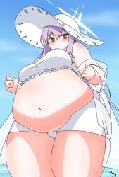 Rule 34 | 1girl, artist request, atsuko (blue archive), atsuko (swimsuit) (blue archive), belly, big belly, bikini, bikini shorts, blue archive, blush, breasts, fat, fat woman, from below, gamichan, halo, hat, medium breasts, navel, off-shoulder shirt, off shoulder, open clothes, open shirt, outdoors, purple hair, red eyes, see-through clothes, see-through shirt, shirt, short shorts, shorts, smile, solo, standing, sun hat, swimsuit, thick thighs, thighs, white bikini, white hat, white shorts, wide brim