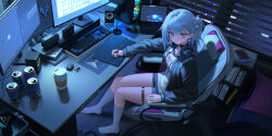 1girl ankle_socks ankle_strap blue_hair can city cityscape computer drawing_tablet headphones headphones_around_neck highres hood hooded_vest hoodie indoors laptop long_hair looking_at_viewer monitor night on_chair original pink_eyes ponytail shirt shorts skindentation socks t-shirt table vest white_socks xzu