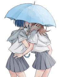Rule 34 | 2girls, blue hair, blue umbrella, blush, commentary, grey skirt, hanasato minori, highres, holding, holding umbrella, kiritani haruka, kiss, long hair, multiple girls, mygod55555, orange hair, pleated skirt, project sekai, sailor collar, shirt, short hair, short sleeves, skirt, symbol-only commentary, umbrella, white background, white sailor collar, white shirt, wings, yuri