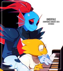 2girls alphys armor black_sclera blue_skin buck_teeth colored_sclera colored_skin copyright_name fins fish_girl from_side furry furry_female glasses head_fins inset_border instrument kanianoreki multiple_girls music pauldrons piano playing_instrument red_hair see-through_body shirt shoulder_armor smile teeth undertale undyne undyne_the_undying upper_body white_background white_shirt yellow_skin