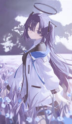 1girl absurdres blue_archive blue_eyes blue_flower blue_hair closed_mouth commentary field flower flower_field from_side halo head_tilt highres jacket lan001 light_smile long_hair long_sleeves looking_at_viewer looking_back mechanical_halo off_shoulder open_clothes open_jacket outdoors solo two_side_up white_jacket yuuka_(blue_archive)