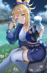 1girl ;d belt blonde_hair blue_jacket blue_shirt blue_shorts breasts cleavage commentary feet_out_of_frame genshin_impact grin hair_ornament holding ippers jacket large_breasts lawson long_sleeves looking_at_viewer on_rock one_eye_closed open_mouth outdoors pink_petals shirt shorts sitting smile solo thighhighs two-tone_shirt white_belt white_shirt white_thighhighs yellow_eyes yoimiya_(genshin_impact) yoimiya_(lawson)_(genshin_impact)