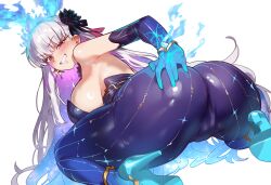 1girl absurdres animal_ears ass backboob blue_fire breasts cameltoe commission earrings ebora fate/grand_order fate_(series) fiery_ears fire flower from_behind grey_hair grin hair_flower hair_ornament hair_ribbon hand_on_own_ass high_heels highres huge_ass jewelry kama_(fate) kama_(swimsuit_avenger)_(fate) ko-fi_commission large_breasts leotard long_hair looking_at_viewer non-web_source nontraditional_playboy_bunny pantyhose purple_pantyhose purple_sleeves rabbit_ears red_eyes ribbon sideboob smile solo star_(symbol) star_earrings thick_thighs thighs white_background wide_hips