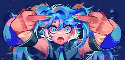 Rule 34 | 1girl, aqua nails, armpits, blue eyes, blue hair, blue necktie, commentary, detached sleeves, double middle finger, english commentary, eyebrows hidden by hair, frown, hatsune miku, looking at viewer, middle finger, mimpish, necktie, open mouth, ringed eyes, shirt, sleeveless, sleeveless shirt, solo, twintails, upper body, vocaloid