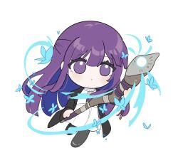 1girl black_coat black_pantyhose blunt_ends blush bug butterfly chibi chibi_only chinese_commentary closed_mouth coat commentary_request double-parted_bangs dress expressionless fern_(sousou_no_frieren) highres holding holding_staff insect long_hair mage_staff magic no_feet no_pupils pantyhose purple_eyes purple_hair simple_background solo sousou_no_frieren staff very_long_hair white_background white_dress xijian