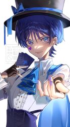 1boy absurdres alternate_costume arm_belt ascot belt black_gloves black_hat blue_ascot blue_bow blue_ribbon blunt_ends bow card character_playing_cards collared_shirt corset cross-laced_clothes cross-laced_corset eyeliner eyeshadow facial_mark fingerless_gloves foreshortening frilled_shirt frills genshin_impact gloves gold_trim half_gloves hand_up hat hat_bow hat_ribbon heart heart_facial_mark highres holding holding_card long_sleeves looking_at_viewer makeup male_focus nero_hanken purple_belt purple_corset purple_eyeliner purple_eyes purple_eyeshadow purple_hair purple_nails ribbon scaramouche_(genshin_impact) shirt solo tongue tongue_out top_hat upper_body watermark white_shirt white_sleeves wispy_bangs