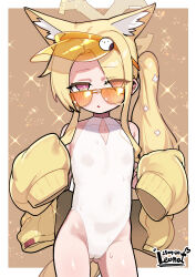 1girl absurdres animal_ear_fluff animal_ears blue_archive blush breasts cameltoe cowboy_shot cross_halo extra_ears eyes_visible_through_hair fox_ears fox_girl fox_tail gluteal_fold halo highres jacket leonat loli looking_at_viewer one-piece_swimsuit open_mouth seia_(blue_archive) sleeves_past_fingers sleeves_past_wrists small_breasts solo sunglasses swimsuit tail thighs visor_cap wet white_one-piece_swimsuit yellow_halo yellow_jacket