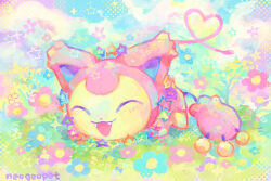 artist_name closed_eyes cloud colorful commentary english_commentary fangs gen_3_pokemon grass heisei_retro highres hue_shifting jewelry necklace neogeopet nintendo no_humans object_focus open_mouth outdoors pokemon pokemon_(creature) skitty sky smile sparkle star_(symbol) still_life stuffed_animal stuffed_cat stuffed_toy yume_kawaii