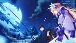 1boy 1girl archetype_earth archetype_earth_(third_ascension) arcueid_brunestud bare_shoulders black_hair black_jacket black_pants blonde_hair blue_eyes blue_gloves breasts closed_mouth cloud commentary_request commission dress fate/grand_order fate_(series) fishing_rod flower full_moon glasses gloves hair_flower hair_ornament highres holding holding_fishing_rod jacket long_hair long_sleeves medium_breasts moon night night_sky off-shoulder_dress off_shoulder okuribi on_bench outdoors pants red_eyes sitting skeb_commission sky smile tohno_shiki tree tsukihime white_dress