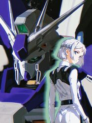 Rule 34 | 1girl, absurdres, blue eyes, bodysuit, braid, closed mouth, cobwvmeti, from behind, gakuen idolmaster, grey hair, gundam, half up braid, highres, idolmaster, katsuragi lilja, looking back, mecha, mecha request, robot, short hair, solo, white bodysuit