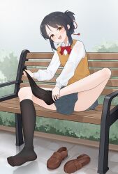 1girl absurdres bench black_hair blush brown_eyes feet highres kimi_no_na_wa. loafers long_hair looking_at_viewer miyamizu_mitsuha open_mouth see-through_clothes see-through_legwear shoes sitting soles toes unworn_shoes unworn_socks wl217_(nicexa111)