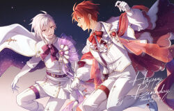 2boys artist_name bow bowtie brooch brothers cape character_name commentary dated english_commentary formal_clothes gloves gradient_background happy highres holding_hands idolish7 ima_(luce365) jewelry jumping kujou_tenn looking_at_another male_focus multiple_boys nanase_riku open_mouth pants pink_background pink_eyes pink_hair purple_background purple_bow purple_bowtie purple_cape red_bow red_bowtie red_cape red_eyes red_hair shoes short_hair siblings sidelocks smile suit thigh_strap two-sided_cape two-sided_fabric white_cape white_gloves white_pants white_shoes white_suit
