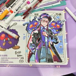Rule 34 | 1boy, art tools in frame, black coat, closed mouth, coat, corbeau (pokemon), expressionless, gen 1 pokemon, glasses, grey pants, highres, long sleeves, looking at viewer, male focus, marker (medium), meng78811585, nintendo, pants, photo (medium), pokemon, pokemon legends: z-a, round eyewear, short hair, traditional media, venonat, yellow eyes