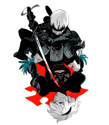Rule 34 | 1boy, 1girl, 2b (nier:automata), 9s (nier:automata), black blindfold, black boots, black dress, black gloves, black hairband, black jacket, black shorts, blindfold, blood, blood on clothes, blood on face, blood on ground, bloody weapon, blue eyes, boots, breasts, cleavage cutout, clothing cutout, dress, feather trim, gloves, hair between eyes, hairband, holding, holding sword, holding weapon, j.r. doyle, jacket, juliet sleeves, long sleeves, medium breasts, nier:automata, nier (series), parted lips, puffy sleeves, shorts, signature, smile, sword, tears, teeth, weapon, white background, white hair