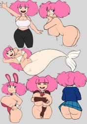 absurdres ass bad_tag bent_over bra breasts closed_eyes collage covering_privates embarrassed greyimpaction high_guardian_spice highres huge_ass large_breasts leotard long_hair mermaid monster_girl no_panties nude open_mouth pants pink_hair rabbit_ears rabbit_tail rosemary_(high_guardian_spice) school_uniform skirt smile solo sweat sweatdrop torn_clothes underwear waving yoga_pants