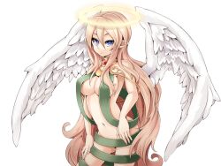 1girl angel angel_wings blonde_hair blue_eyes breasts closed_mouth expressionless feathered_wings frfr game_cg green_ribbon hair_between_eyes halo large_breasts long_hair micaela_(mon-musu_quest!) mon-musu_quest! mon-musu_quest:_paradox naked_ribbon navel nose pointy_ears ribbon solo variant_set very_long_hair wings yellow_halo