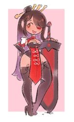 Rule 34 | 1girl, beidou (genshin impact), black boots, black gloves, black leotard, blackcliff slasher (genshin impact), boots, breasts, brown hair, capelet, cleavage, cleavage cutout, clothing cutout, deformed, dress, elbow gloves, eyepatch, fingerless gloves, fold-over boots, framed breasts, full body, fur-trimmed capelet, fur trim, genshin impact, gloves, greatsword, hair ornament, hair stick, half updo, hand on own hip, high heel boots, high heels, latex thigh boots, leotard, leotard under clothes, long hair, looking to the side, one eye covered, open mouth, pelvic curtain, pink background, planted, planted sword, planted weapon, red capelet, red dress, red eyes, shgrcube, sidelocks, simple background, smile, solo, standing, sword, thick lineart, weapon, white background
