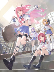 5girls ahoge angel_beats! bag black_footwear blonde_hair blue_eyes blue_skirt boots brown_hair closed_mouth demon_tail demon_wings from_below girls_dead_monster grey_hair hand_on_own_hip headgear heaven_burns_red high_heel_boots high_heels high_ponytail highres hisako_(angel_beats!) holding holding_bag instrument_case irie_miyuki iwasawa_masami knee_boots loafers long_hair long_sleeves looking_at_viewer miniskirt modare multiple_girls navel neckerchief open_mouth pink_eyes pink_hair pleated_skirt ponytail purple_eyes purple_hair railing red_eyes red_hair red_neckerchief running school school_bag school_uniform sekine_shiori serafuku shirt shoes sitting skirt sleeves_rolled_up smile socks stairs standing stomach tail thigh_strap thighhighs two_side_up v white_shirt white_socks white_thighhighs window wings wristband yui_(angel_beats!)