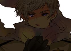 1boy axis_powers_hetalia black_gloves brown_coat coat commentary_request floating_clothes gloves grey_hair hand_up looking_at_viewer male_focus medal okinawa_haidee purple_eyes russia_(hetalia) scarf short_hair simple_background solo star_ornament upper_body v-shaped_eyebrows white_background white_scarf