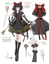 1girl absurdres arrow_(symbol) black_dress black_hair black_nails black_ribbon black_socks black_wrist_cuffs blunt_bangs bow bracelet bug butterfly butterfly_hair_ornament closed_mouth commentary_request dress dress_under_shirt flower flower_bracelet frilled_arm_warmers frilled_wrist_cuffs frills from_behind grey_arm_warmers grey_shirt grey_shoes hair_bow hair_ornament hair_ribbon highres holding holding_wand insect jewelry kneehighs knees korean_clothes korean_commentary korean_text leirbs2s2 loafers magical_girl multiple_views nail_polish original platform_shoes red_bow red_ribbon reference_sheet ribbon shirt shoes short_dress short_hair short_sleeves simple_background smile socks translation_request two-sided_ribbon wand white_background white_flower wrist_cuffs yellow_eyes