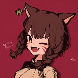 1girl :d absurdres animal_ear_piercing animal_ears braid bright_pupils brown_hair brown_shirt cat_ears cat_girl commentary commission commissioner_name dated english_commentary facial_mark fang freckles hair_tie highres looking_at_viewer medium_hair one_eye_closed open_mouth original portrait red_background rnna shirt signature simple_background skin_fang smile solo twin_braids whisker_markings yellow_eyes