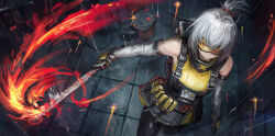 1girl absurdres bare_shoulders belt black_gloves black_pants brown_eyes detached_sleeves franlol from_above gloves grey_hair grey_sleeves highres holding holding_sword holding_weapon long_hair one_eye_covered pants ponytail soldier_11_(zenless_zone_zero) solo sword weapon zenless_zone_zero