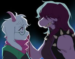 1boy 1girl absurdres animal_ears backlighting blood blood_on_hands closed_eyes colored_skin deltarune from_side furry furry_female furry_male glasses goat_boy goat_ears goat_horns gradient_background green-framed_eyewear grin highres horns long_hair looking_at_another pink_eyes pink_skin profile purple_hair ralsei semi-rimless_eyewear smile sukhee_pk susie_(dark_world)_(deltarune) susie_(deltarune) tearing_up tears under-rim_eyewear upper_body wide-eyed