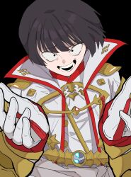 1boy asahi_sas_brutus black_background black_eyes black_hair constricted_pupils crazy_smile final_fantasy final_fantasy_xiv glaa_da gloves highres hyur jacket male_focus open_mouth short_hair simple_background smile solo upper_body white_gloves white_jacket