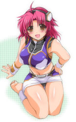1girl ahoge ankle_cuffs anklet barefoot blush breasts cameltoe crueltear dual_beat fang female_focus hairband halftone halftone_background hand_on_own_hip jewelry kneeling large_breasts looking_at_viewer midriff miniskirt navel panties pantyshot pencil_skirt pink_hair short_hair skirt sleeveless smile solo thong trigger_heart_exelica underwear wristband yellow_eyes yukitaka