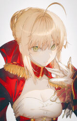 1girl ahoge blonde_hair blush braid breasts cleavage commentary dress epaulettes fate/extra fate_(series) fov_ps green_eyes grey_background hair_bun hair_intakes hair_ribbon highres long_sleeves looking_at_viewer medium_breasts nero_claudius_(fate) nero_claudius_(fate/extra) red_dress ribbon simple_background smile solo upper_body