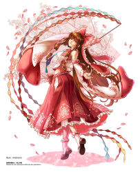 1girl artist_name bow brown_hair cherry_blossoms detached_sleeves embellished_costume female_focus floral_background frilled_sleeves frills full_body gohei hair_bow hair_tubes hakurei_reimu highres long_hair long_skirt looking_at_viewer manaco necktie nontraditional_miko oonusa petals pink_eyes red_bow red_eyes red_skirt sandals sidelocks skirt smile solo touhou very_long_hair white_legwear wide_sleeves
