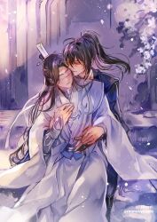 2boys artist_name bishounen black_hair black_hanfu blindfold blue_hanfu chinese_clothes closed_eyes closed_mouth commentary english_commentary flower hair_between_eyes hand_on_another&#039;s_chest hand_on_own_chest hanfu high_ponytail highres holding holding_hands hug hug_from_behind light_particles long_hair long_sleeves looking_at_another male_focus modao_zushi multiple_boys outdoors parted_lips petals ponytail rakkyhappy robe sidelocks sitting standing topknot twitter_username watermark white_hanfu wide_sleeves xiao_guan_(headdress) xiao_xingchen xue_yang yaoi