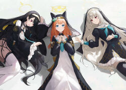 Rule 34 | 3girls, absurdres, animal ear headwear, animal ears, black coat, black dress, black hair, black thighhighs, black veil, blue archive, blue eyes, blue neckerchief, blush, cat ears, cat girl, closed mouth, coat, collar, crossed bangs, dress, fake animal ears, grey hair, hair between eyes, hair over one eye, highres, hinata (blue archive), jianjia, long hair, looking at another, looking at viewer, lying, mari (blue archive), multiple girls, neckerchief, nun, on back, on side, open mouth, orange hair, purple eyes, red eyes, sakurako (blue archive), sidelocks, sisterhood (blue archive), smile, thighhighs, veil, white collar, white dress, white thighhighs