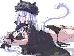 Rule 34 | 1girl, ass, bikini, black bikini, black hat, blue eyes, breasts, butt crack, cat girl, cat tail, cleavage, commentary request, dobrynya nikitich (fate), dobrynya nikitich (swimsuit lancer) (first ascension) (fate), fate/grand order, fate (series), fur-trimmed headwear, fur trim, hat, highres, himo, looking at viewer, lying, on stomach, smile, solo, swimsuit, tail, white hair