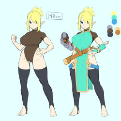 1girl bare_arms black_thighhighs blonde_hair blue_background blue_dress blue_eyes breasts bridal_gauntlets brown_leotard color_guide dress dyun earrings folded_ponytail gauntlets gluteal_fold hand_on_own_hip hand_up height highres jewelry large_breasts leotard looking_at_viewer multiple_views original parted_lips pelvic_curtain pointy_ears simple_background single_gauntlet stirrup_legwear thighhighs toeless_legwear