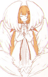 Rule 34 | 1girl, absurdres, angel wings, bare shoulders, black choker, center frills, choker, closed eyes, detached sleeves, dress, feathered wings, frills, hair ornament, hair ribbon, highres, kingdom hearts, kingdom hearts x, long hair, long sleeves, low twintails, multiple wings, orange hair, orange ribbon, own hands clasped, own hands together, ribbon, seraph, seraph wings, smile, solo, strelitzia (kingdom hearts), twintails, very long hair, w3n6ev, white background, white dress, white wings, wings, x hair ornament