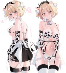 1girl acedia animal_print apron back_bow bell black_skirt blonde_hair blunt_bangs blush bow bra breasts choker commentary cow_ear_hairband cow_print cow_print_bra cow_print_gloves cow_print_panties cow_tail elbow_gloves english_commentary frilled_bra frilled_choker frilled_panties frilled_skirt frills garter_straps gloves grabbing_own_ass green_eyes hair_ornament highres indie_virtual_youtuber looking_at_viewer looking_back maid miniskirt naughty_face navel neck_bell paid_reward_available panties pom_pom_(clothes) pom_pom_hair_ornament print_gloves shigure_ui_(vtuber) short_hair sideboob simple_background skirt stomach tail thighhighs tongue tongue_out two_side_up unconventional_maid underwear virtual_youtuber waist_apron white_apron zettai_ryouiki