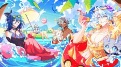Rule 34 | 2girls, 3boys, absurdres, arlan (honkai: star rail), ball, beach umbrella, beachball, black one-piece swimsuit, blue sky, breasts, bubbles (honkai: star rail), chimera (honkai: star rail), commentary, cup, cyrene (honkai: star rail), dark-skinned male, dark skin, english commentary, eyewear on head, fallen down, grey hair, halo, hawaiian shirt, head wings, heart, heart-shaped eyewear, highres, holding, holding cup, honkai: star rail, honkai (series), huohuo (honkai: star rail), large breasts, large pectorals, medium hair, multiple boys, multiple girls, natasha (honkai: star rail), one-piece swimsuit, oversaltedcat, pectorals, peppy (honkai: star rail), phainon (honkai: star rail), pink hair, pool, shirt, short hair, sky, sunday (honkai: star rail), swimsuit, tail (honkai: star rail), topless male, tropical drink, umbrella, white hair, wings, yellow innertube, yellow shirt