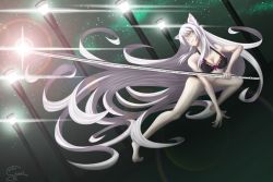 1girl ;3 absurdly_long_hair animal_ears artist_request bad_feet bakemonogatari barefoot black_bra black_hanekawa black_panties bow bow_bra bra breasts cat_ears cleavage commentary fang female_focus hanekawa_tsubasa highres holding holding_sword holding_weapon kokorowatari large_breasts long_hair monogatari_(series) nekomonogatari night one_eye_closed panties silver_hair slit_pupils solo sword underwear underwear_only very_long_hair weapon yellow_eyes